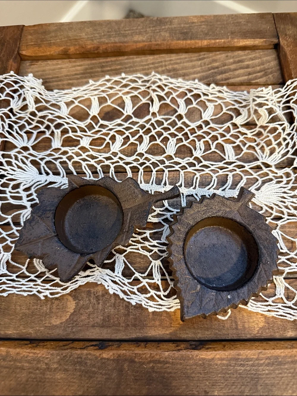 Vintage Rustic Metal Leaf Tealight Candle Holders Set of 2 Farmhouse Decor